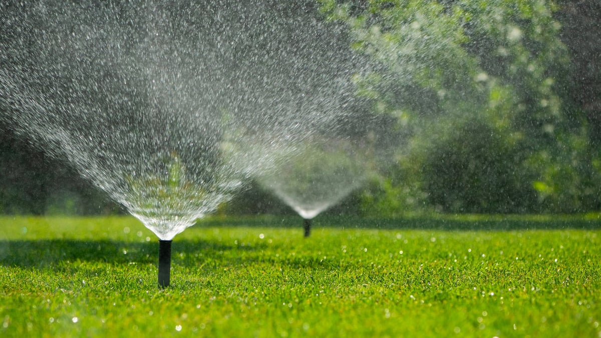 Irrigazione automatica con irrigatori nel prato