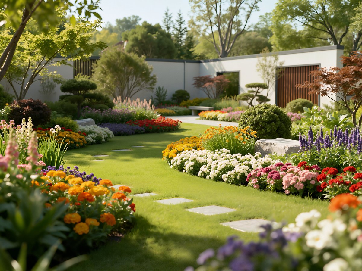 Progettazione e realizzazione giardino moderno con aiuole e pietre