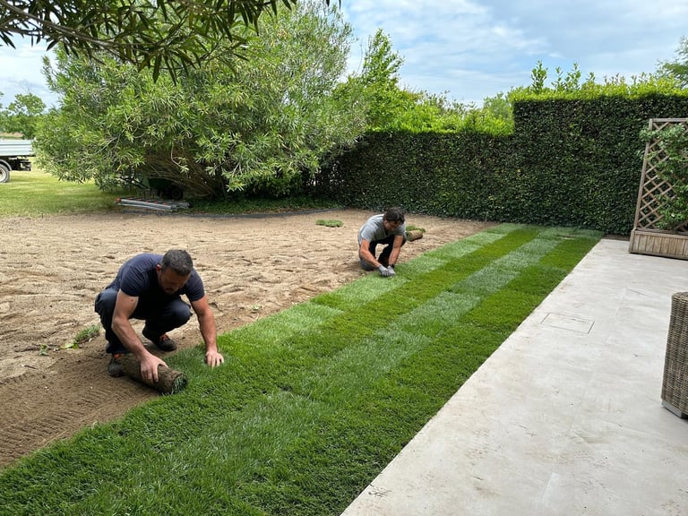 Two workers laying sod on a backyard lawn renovation project next to a concrete patio