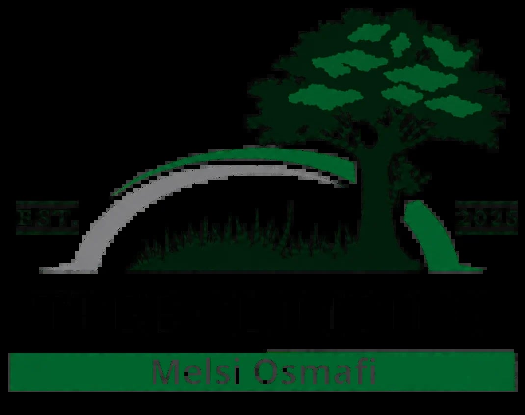 Melsi Osmafi logo featuring a stylized tree and curved arch design with green and gray colors